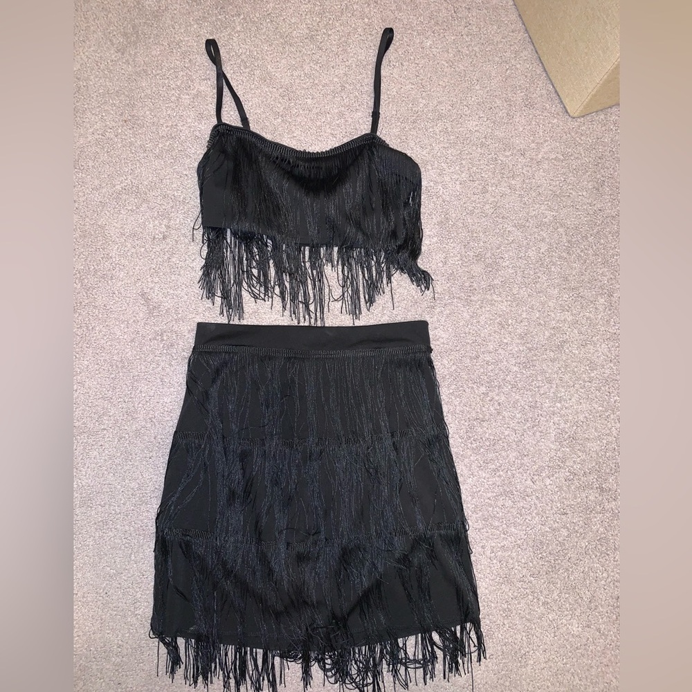 Black fringe skirt and top two piece